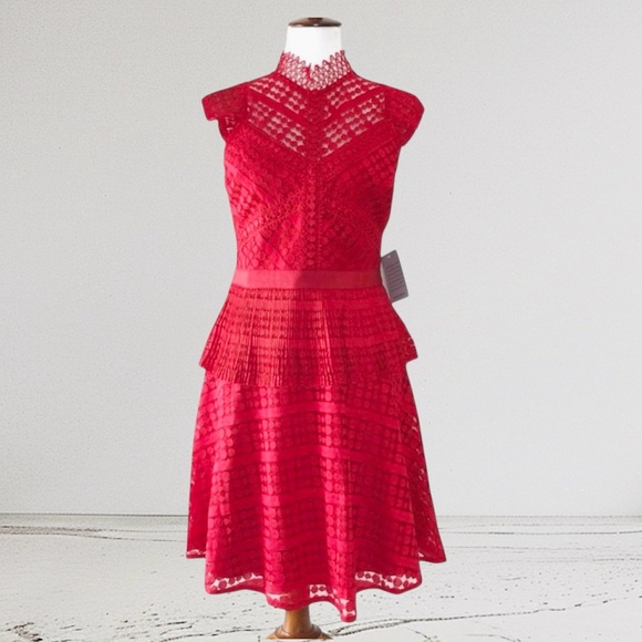 NWT Adelyn Rae Rouge Maeve Lace Peplum Dress Fit Flare Medium Red - Picture 11 of 16